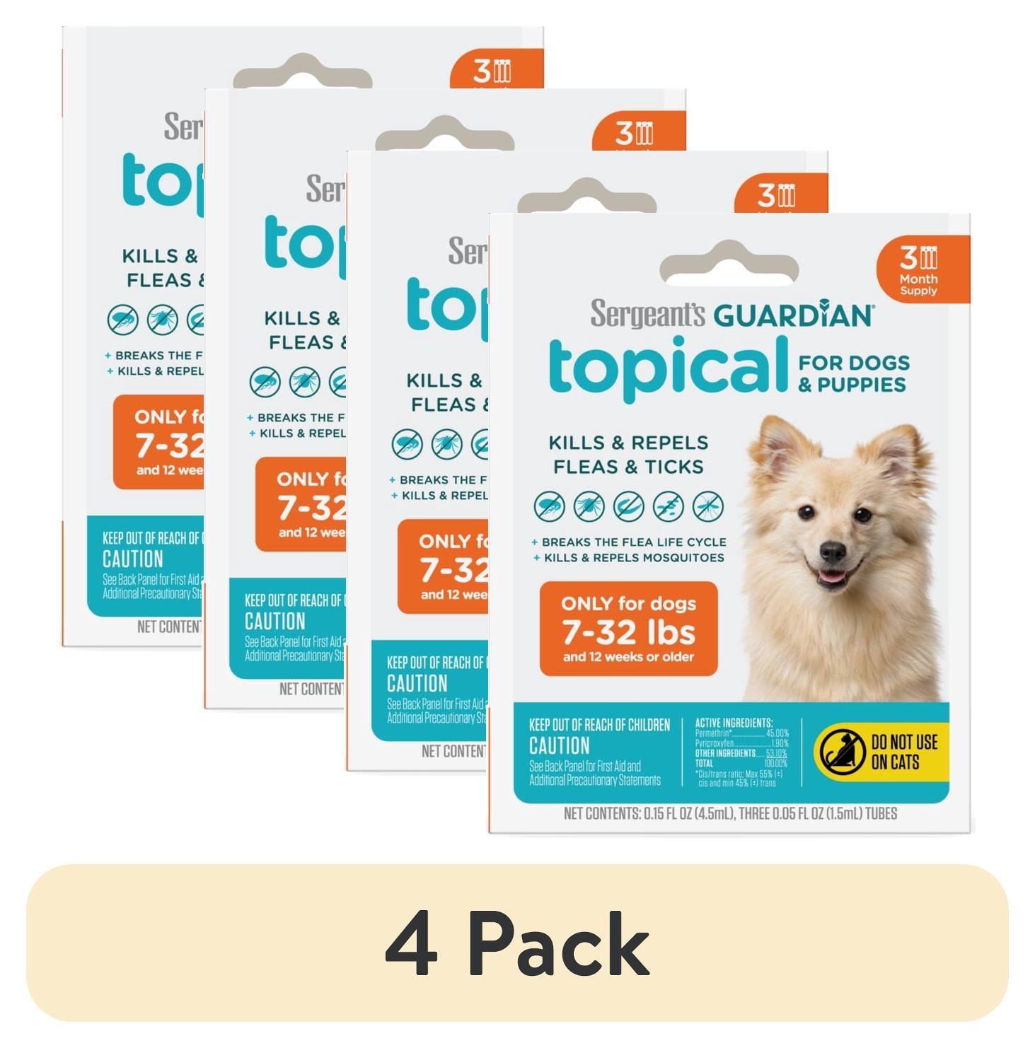(4 pack) SERGEANT'S GUARDIAN Flea & Tick Topical for Dogs, 7-33 lbs, kills fleas and ticks, plus repels mosquitoes for up to four weeks.