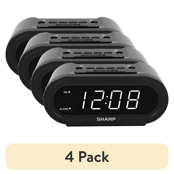 (4 pack) SHARP Digital Alarm Clock with AccuSet - Automatic Set, Black with White LED Display