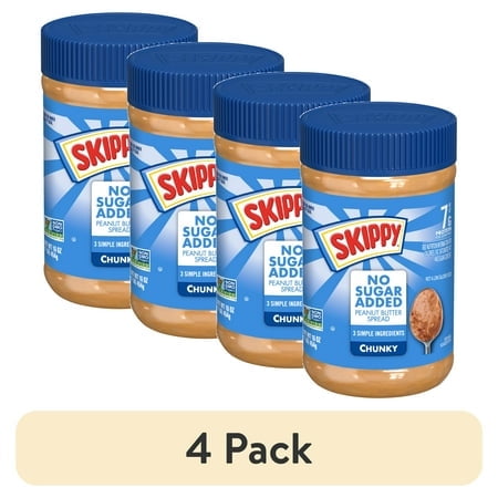 (4 pack) SKIPPY Chunky Peanut Butter Spread No Sugar Added, 7 g Protein Per Serving, Shelf-Stable, 16 oz Plastic Jar