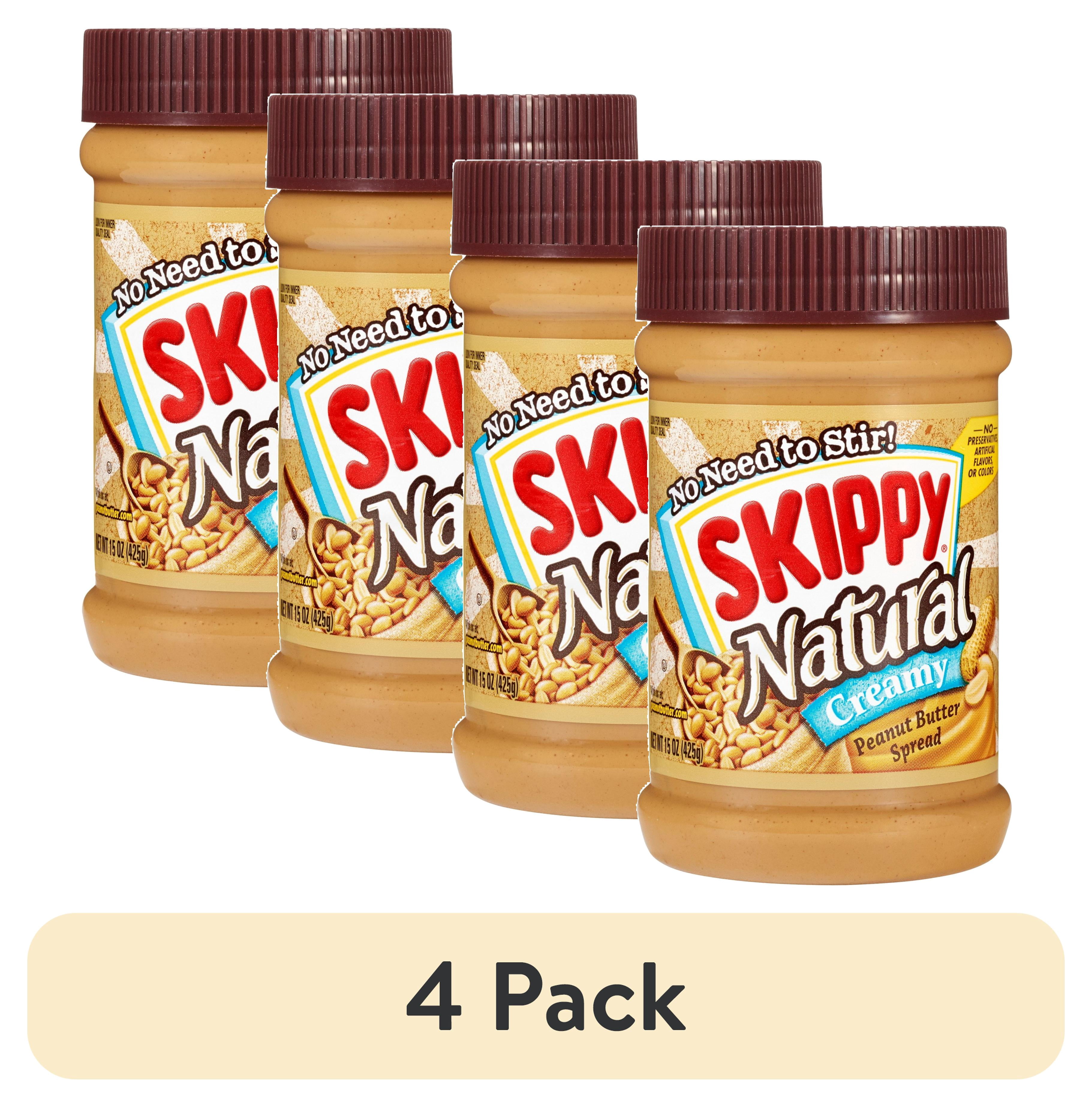 (4 pack) SKIPPY Natural Peanut Butter Spread, Creamy, 7 G Protein per Serving, 15 oz Plastic Jar