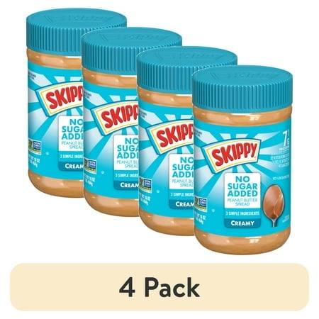 (4 pack) SKIPPY No Sugar Added Creamy Peanut Butter, Shelf-Stable, 16 oz Plastic Jar