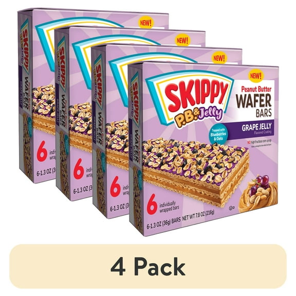 (4 pack) SKIPPY P.B. & Jelly Peanut Butter And Grape Jelly Coated Wafer Bars, 7.8 oz (216g), 6 Ct (36g)/Bar