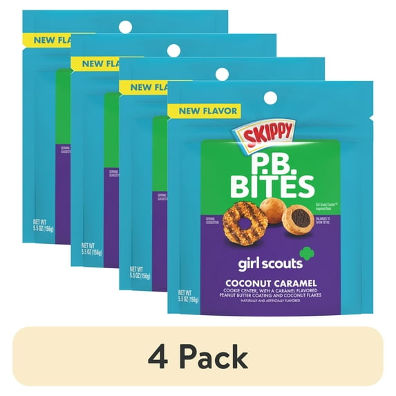 (4 pack) SKIPPY PB Bites Girl Scout Coconut Caramel Snack, Shelf-Stable, 5.5 oz Plastic Resealable Pouch