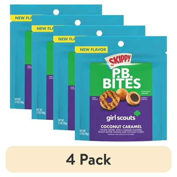 (4 pack) SKIPPY PB Bites Girl Scout Coconut Caramel Snack, Shelf-Stable, 5.5 oz Plastic Resealable Pouch