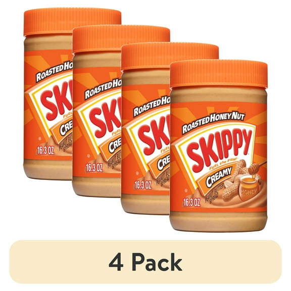 (4 pack) SKIPPY Peanut Butter Creamy Roasted Honey Nut Spread, 7 g Protein Per Serving, Shelf-Stable, 16.3 oz Plastic Jar