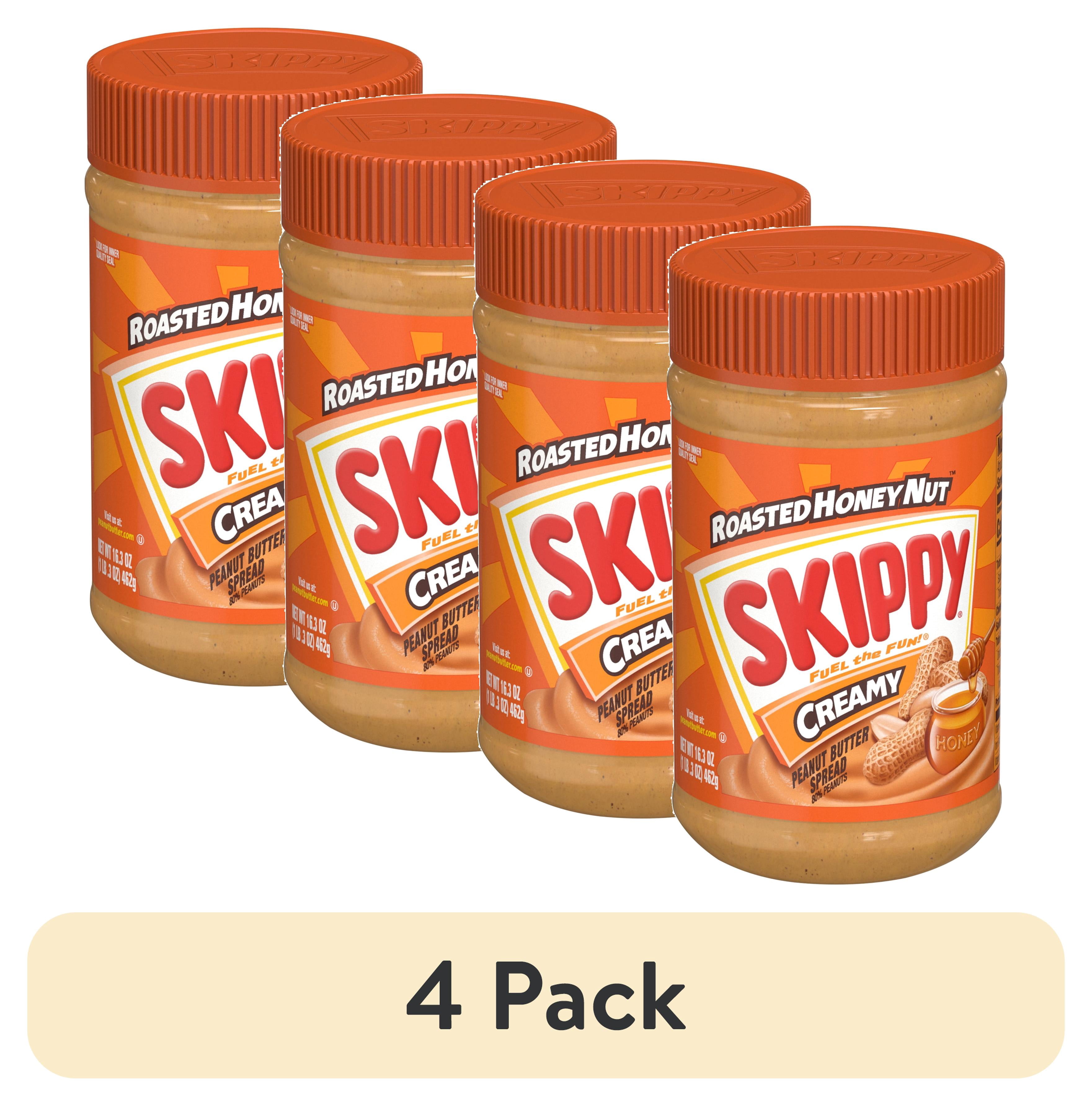 (4 pack) SKIPPY Peanut Butter Creamy Roasted Honey Nut Spread, 7 g Protein Per Serving, Shelf-Stable, 16.3 oz Plastic Jar