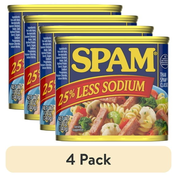(4 pack) SPAM 25% Less Sodium, Canned Meats, 7 Grams of Protein, Shelf-Stable, 12 oz Aluminum Can