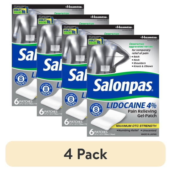 (4 pack) Salonpas Lidocaine Pain Relieving Gel-Patch with Maximum Strength Lidocaine, 6 Count