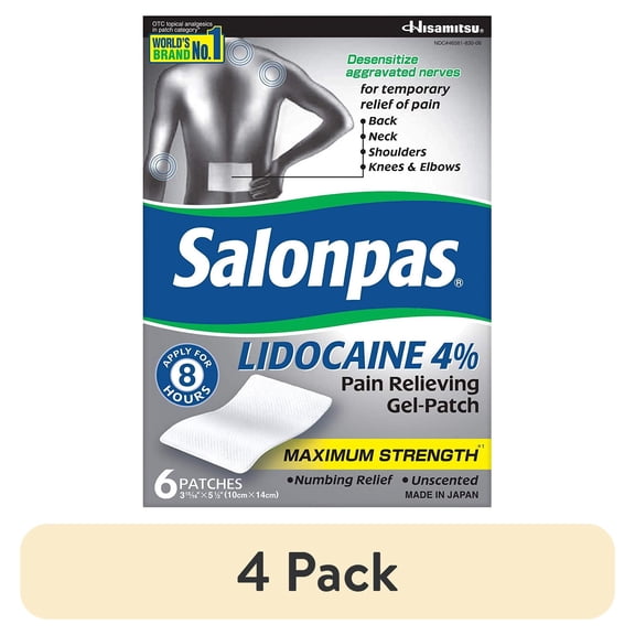 (4 pack) Salonpas Lidocaine Pain Relieving Maximim Strength Gel-Patch, 6 Ea