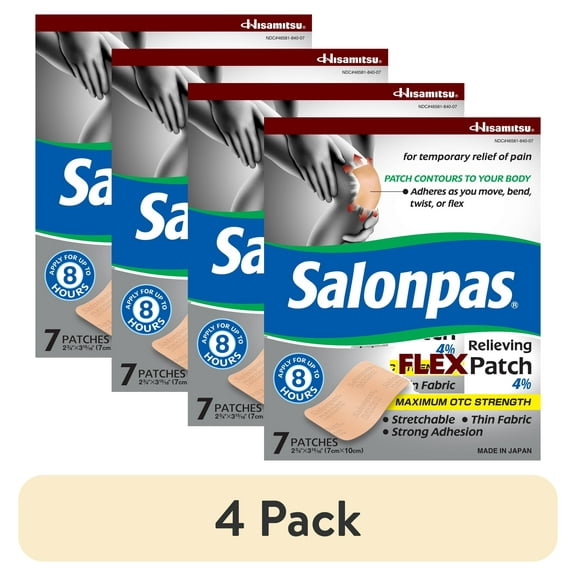 (4 pack) Salonpas Maximum OTC Strength Lidocaine 4% Pain Relieving FLEX Patch, Apply for Up To 8 Hours, Unscented, Thin, Flexible, Lightweight, Patch Stays in Place, 7 Patches