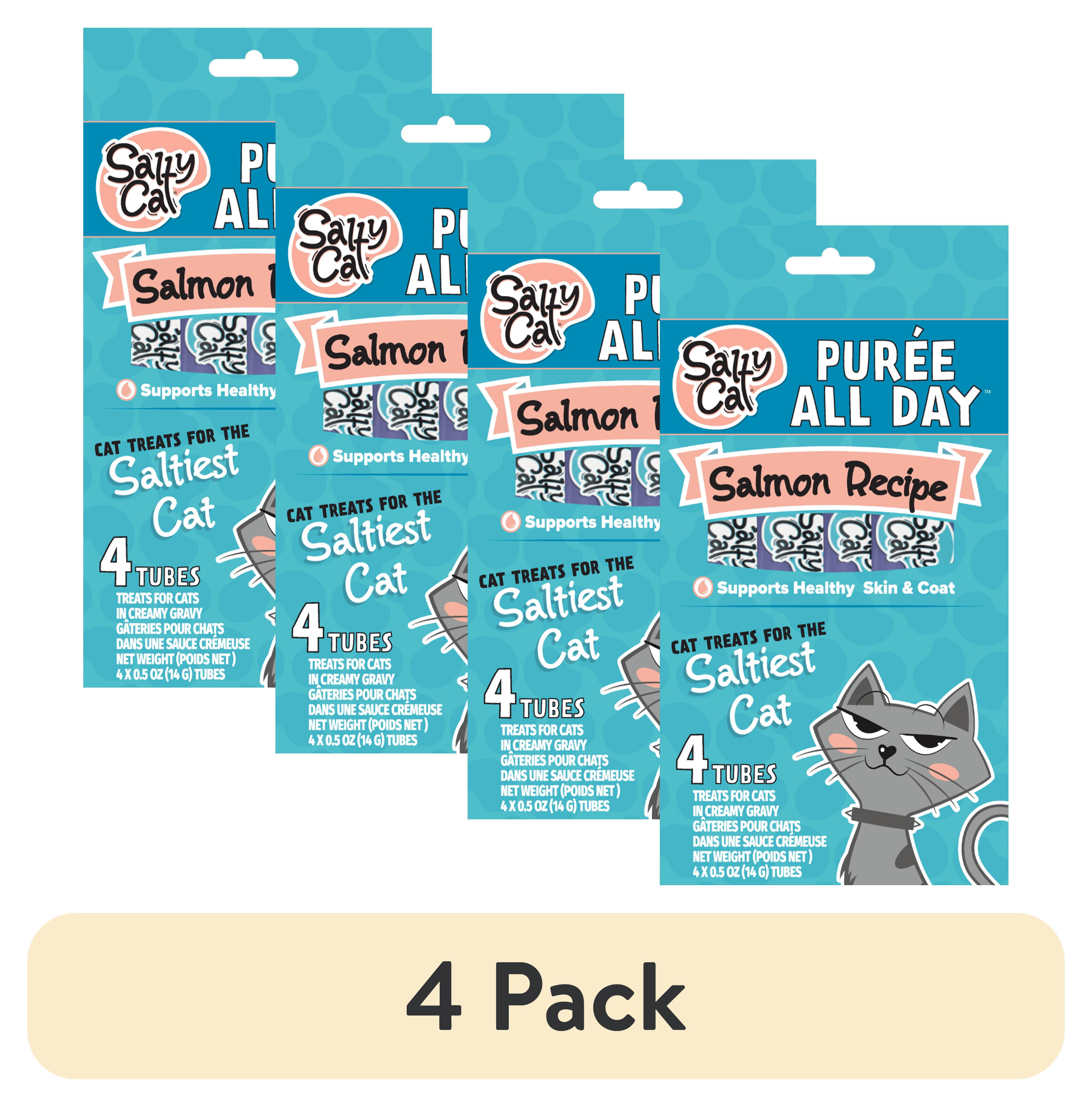(4 pack) Salty Cat Purée All Day Salmon Flavor Creamy Soft Treats for Cats,  14g Tube (4 Pack)