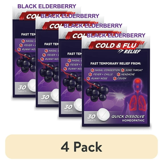 (4 pack) Sambucol Elderberry Cold and Flu Relief Tablets, Homeopathic Medicine, 30 Count