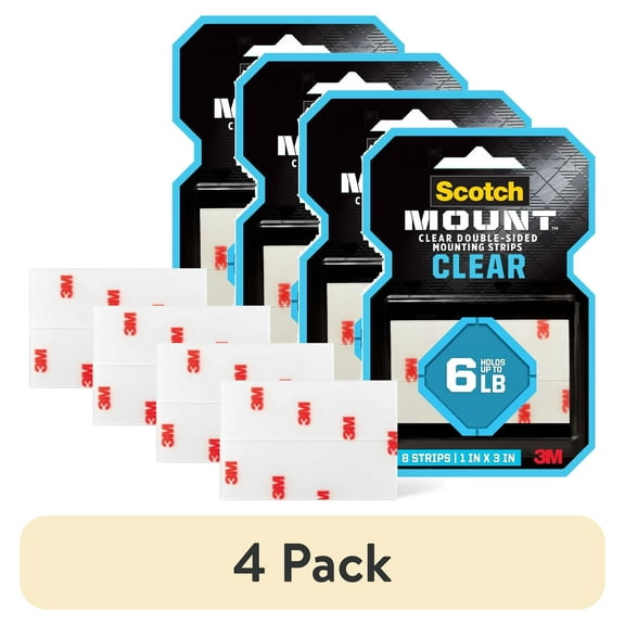 (4 pack) Scotch-Mount Clear Double-Sided Mounting Strips, 1 in x 3 in, 8 Strips