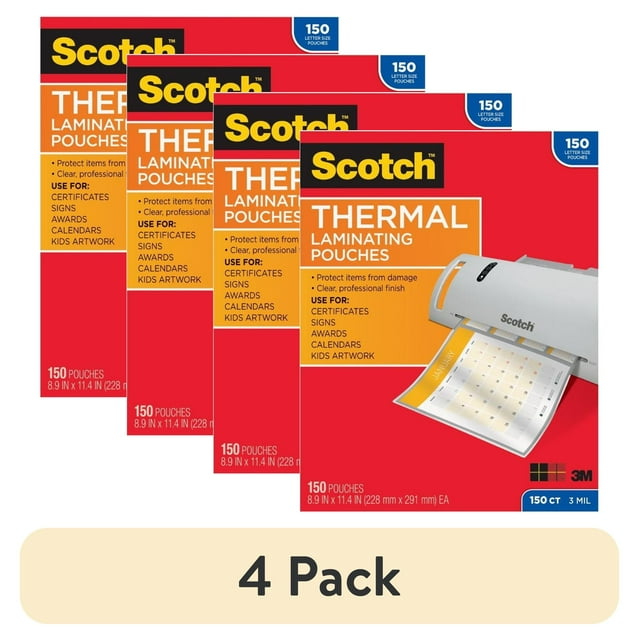 (4 pack) Scotch Thermal Laminating Pouches, 8.5"x 11", Letter Size, 3 Mil Thick, 150 Count