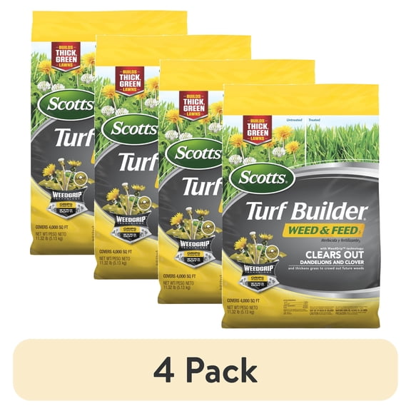 (4 pack) Scotts Turf Builder Weed and Feed, Controls Dandelion, Clover, 4,000 sq. ft., 11.32 lbs.