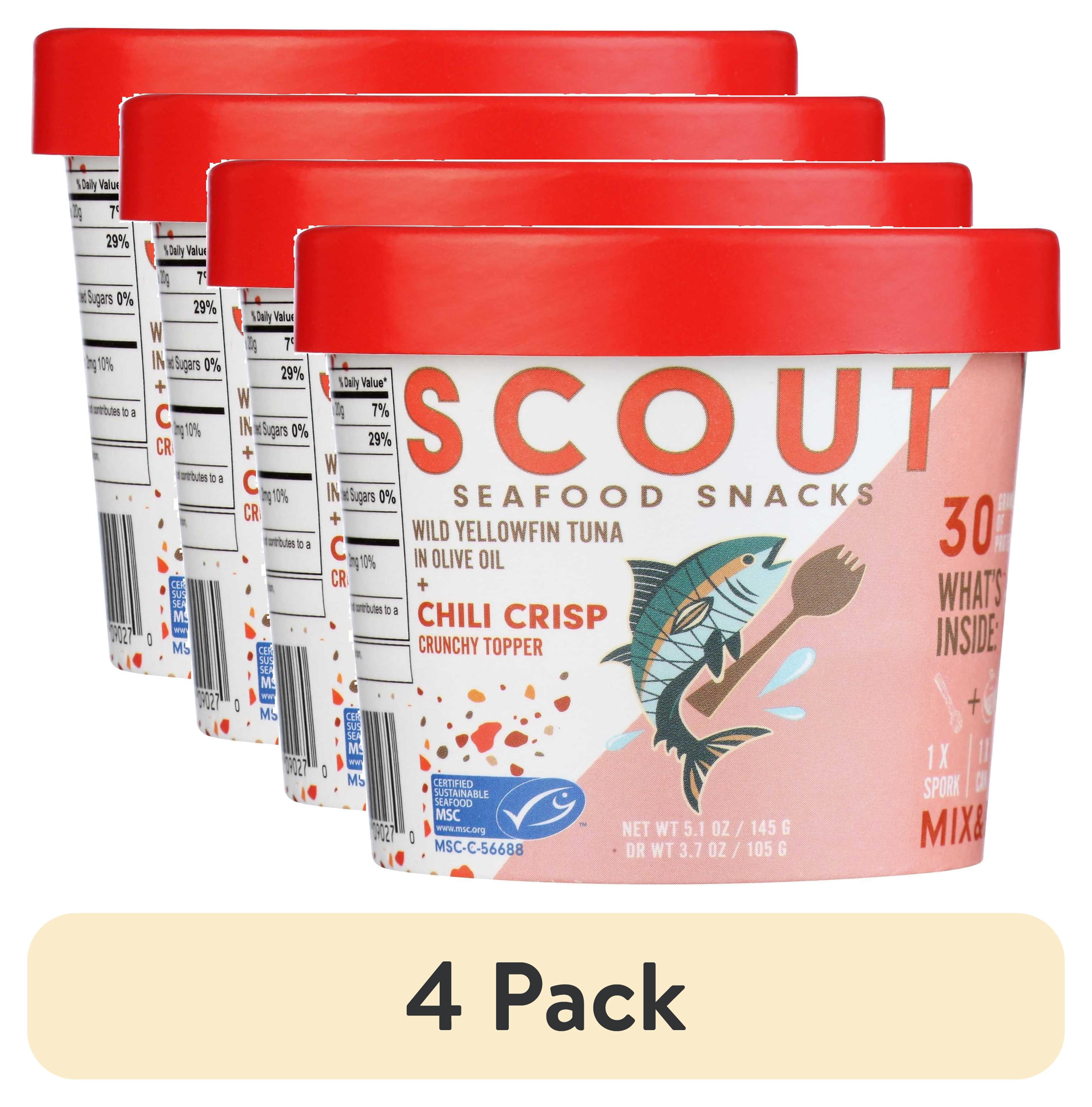 (4 pack) Scout Tuna Snack Kit, Chili Crisp, Wild Yellowfin Tuna + Crunchy Mix-in for 30g of Protein on the Go with Spork, 5.1oz Cup
