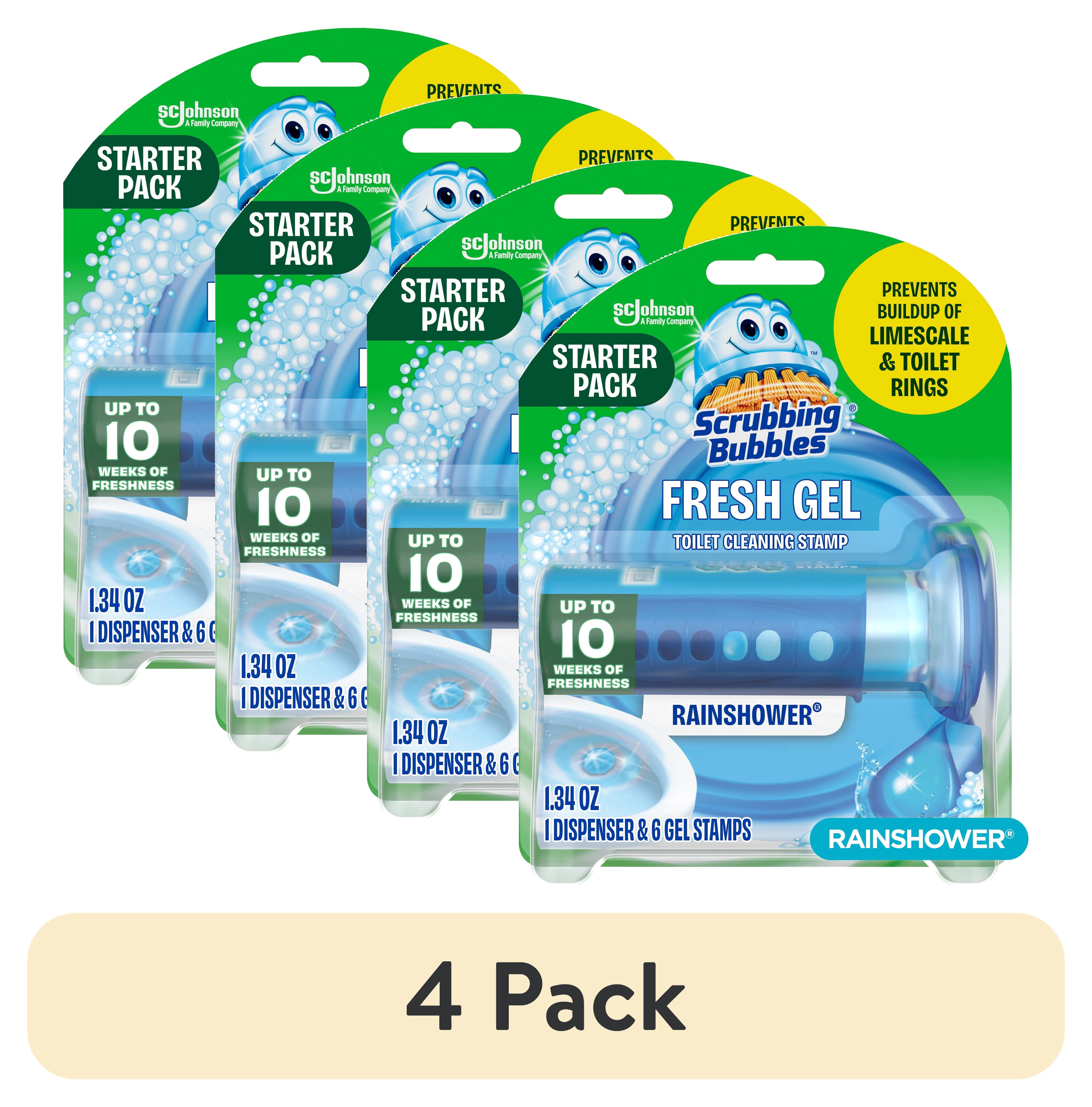 (4 pack) Scrubbing Bubbles Automatic Toilet Bowl Cleaner, Fresh Gel Cleaning Stamp, Rainshower, Dispenser & 6 Gel Stamps