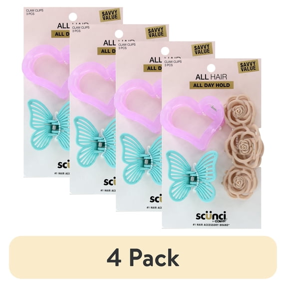(4 pack) Scunci All Hair All Day Hold Claw Hair Clips, Assorted Colors, 3-Pieces