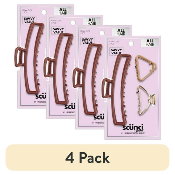(4 pack) Scunci All Hair Mixed Sizes Open Claw Clips, Metal, Assorted Colors, 3-Count