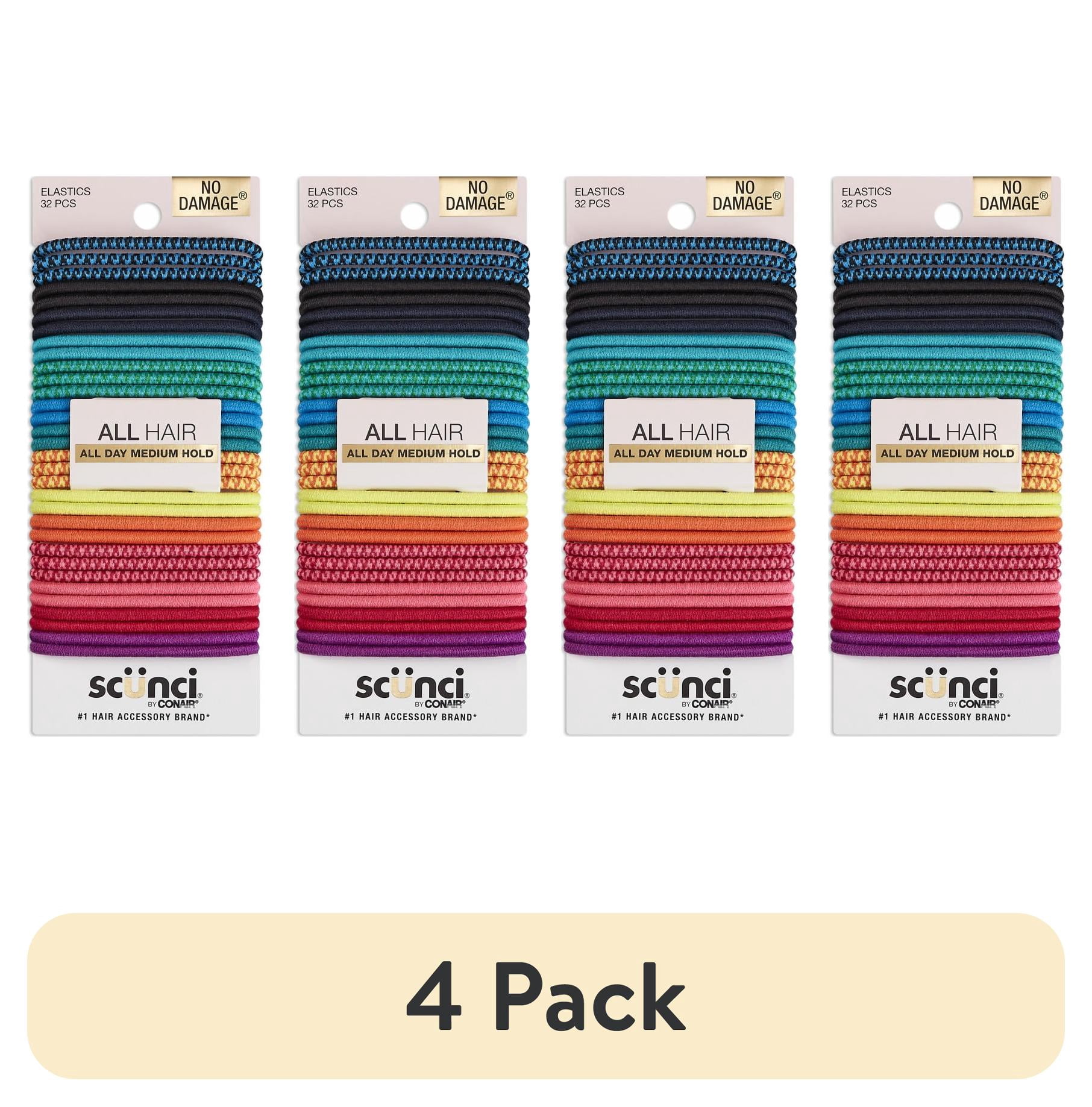 (4 pack) Scunci No Damage Elastic Nylon Ponytail Holder Hair Ties, Multi-Color Solids and Patterns, 32 Ct
