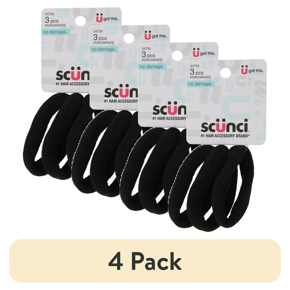 (4 pack) Scunci No Damage Hair Ponywraps, Black, 3-Pieces