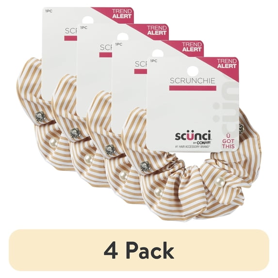 (4 pack) Scunci Striped Scrunchie Hair Tie with Pearl and Stone Accents, Tan and White