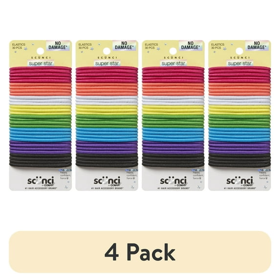 (4 pack) Scunci No Damage Elastic Ponytail Hair Ties, Multicolor, 30 Count