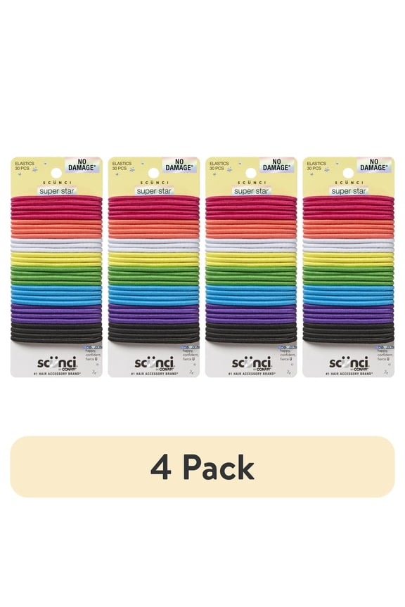 (4 pack) Scunci No Damage Elastic Ponytail Hair Ties, Multicolor, 30 Count