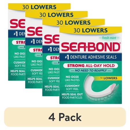 (4 pack) Sea Bond Secure Denture Adhesive Seals, Fresh Mint Lowers, Zinc-Free, All-Day-Hold, Mess-Free, 30 Count