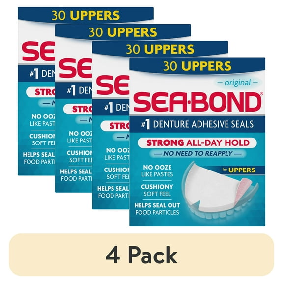(4 pack) Sea Bond Secure Denture Adhesive Seals, Original Uppers, Zinc-Free, All-Day-Hold, Mess-Free, 30 Count