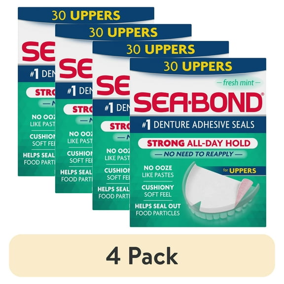 (4 pack) Sea-Bond Secure Denture Adhesive Seals, Fresh Mint Uppers, All-Day-Hold, Mess-Free, 30 Count