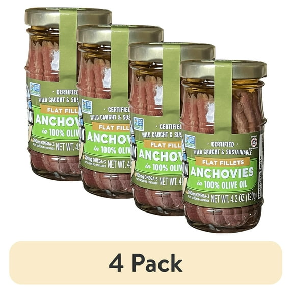 (4 pack) Season Flat Fillet Anchovies in Olive Oil, 4.2 oz Jar