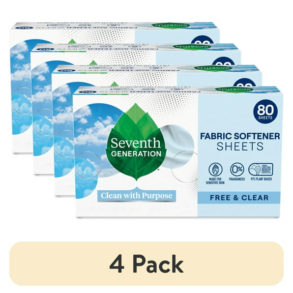 (4 pack) Seventh Generation Fabric Softener Dryer Sheets, Free and Clear, 80 Count