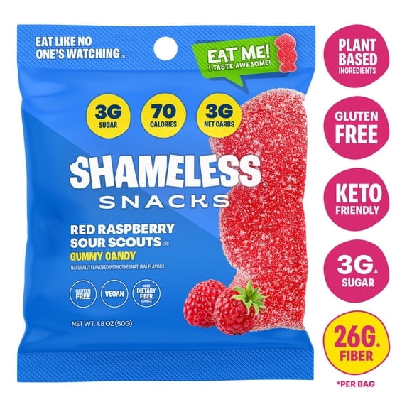 4 pack Shameless Snacks Red Raspberry Sour Gummy Candy, Low Calorie Keto Friendly High Fiber Low Sugar Healthy Candy, Gluten Free, 1.8 oz Bag