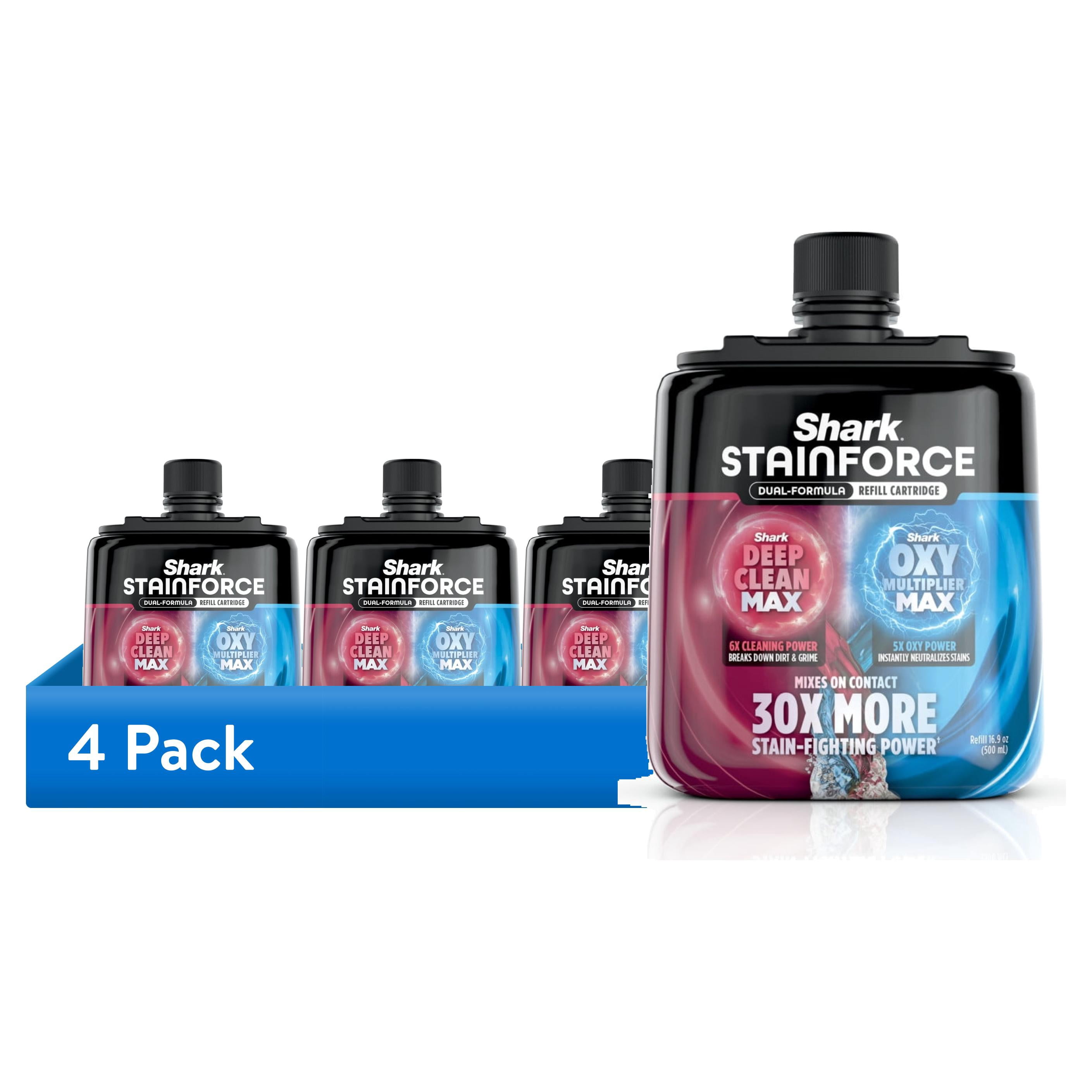 (4 pack) Shark StainForce Stain & Odor Remover Refill Cartridge with Reusable Spray Head, Pet-Safe Dual-Formula Cleaner, 16.9 fl oz, HXCM500S