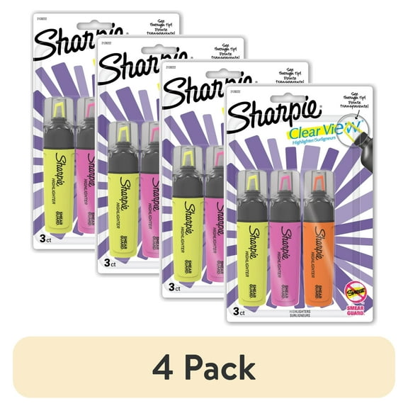 (4 pack) Sharpie Highlighter, Clear View Highlighter with See-Through Chisel Tip, Tank Highlighter, Assorted, 3 Count