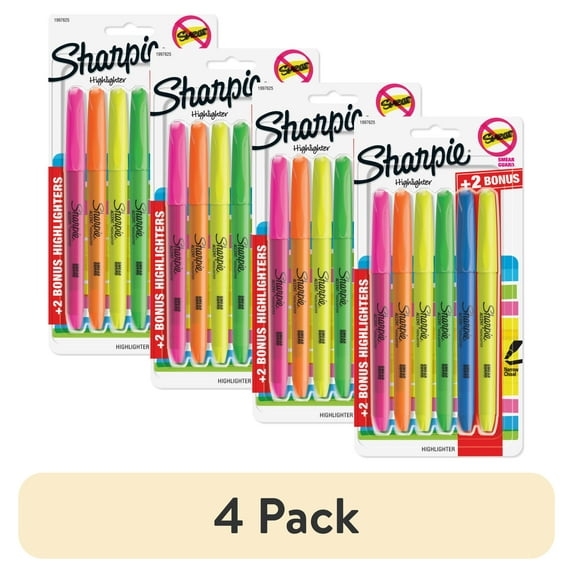 (4 pack) Sharpie Pocket Style Highlighters, Chisel Tip, Assorted Colors, Includes 2 Bonus Highlighters, 6 Count