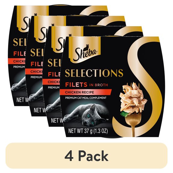 (4 pack) Sheba Selections Filets in Broth Chicken Flavor Wet Cat Food Meal Complement, 1.3 oz Cup