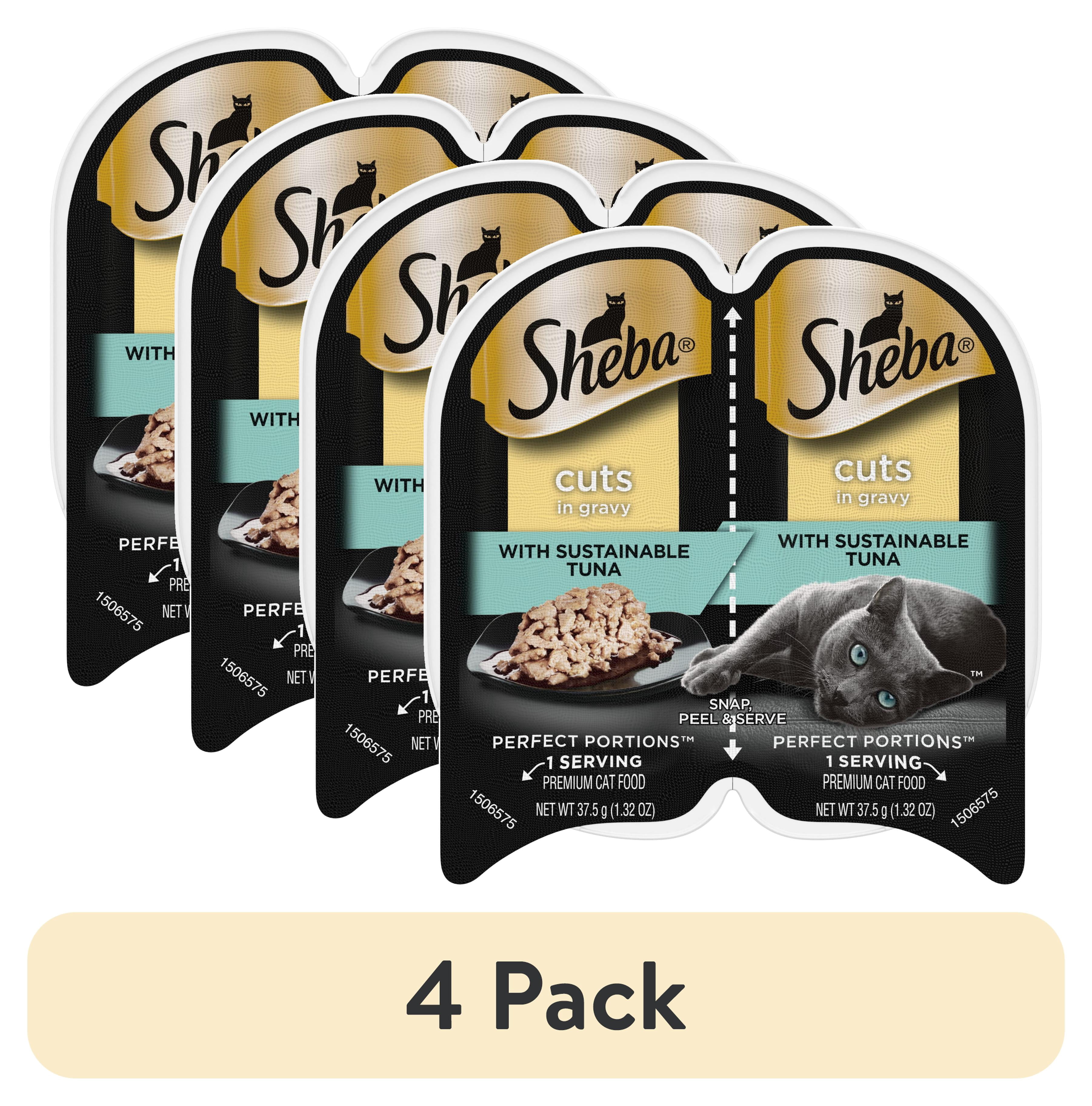 (4 pack) Sheba Perfect Portions Twin-Pack Tray Wet Cat Food Cuts in Gravy with Sustainable Tuna 2.6 oz