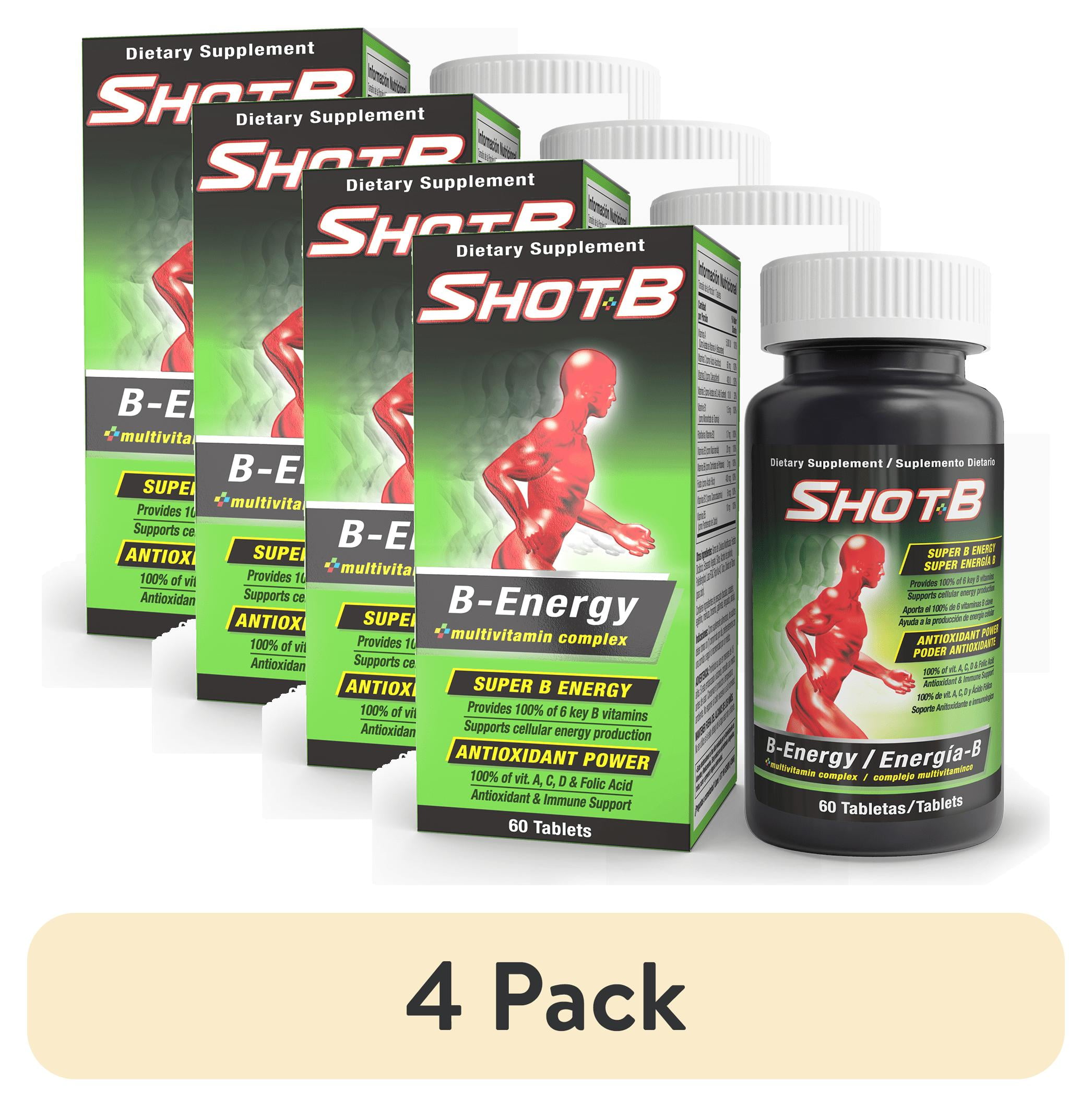 (4 pack) Shot B Multivitamin Complex with Antioxidants, B Vitamins A C D E, Folic Acid, Energy, Immunity, 60 Count