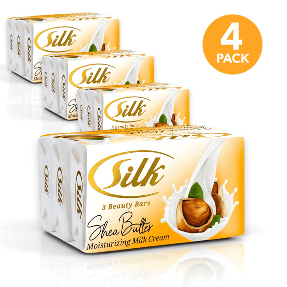 (4 pack) Silk Shea Butter Bar Soap, Moisturizing Hand Soap with Glycerin, Extra Hydrating, 3.53 oz, 3 bars