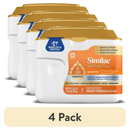 (4 pack) Similac 360 Total Care Sensitive Baby Formula Powder, Has 5 HMO Prebiotics, 20.1-oz Tub