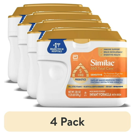 (4 pack) Similac 360 Total Care Sensitive Baby Formula Powder, Has 5 HMO Prebiotics, 20.1-oz Tub
