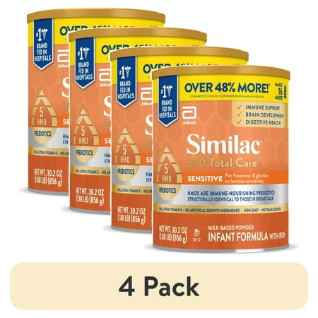 (4 pack) Similac 360 Total Care Sensitive Baby Formula Powder, Has 5 HMO Prebiotics, 30.2-oz Tub