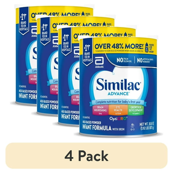 (4 pack) Similac Advance Powder Baby Formula With Iron, Has DHA & Lutein, 30.8-oz Value Can