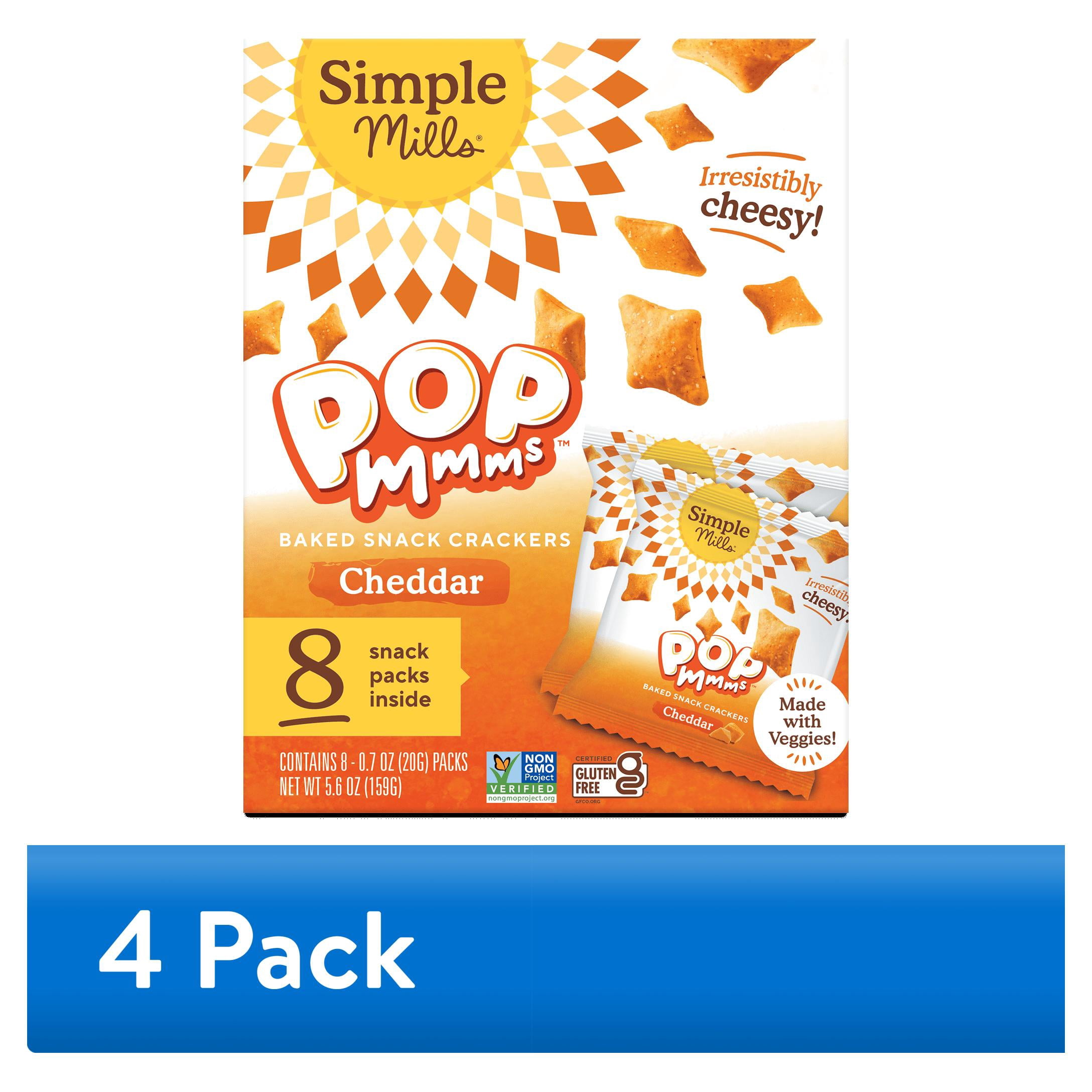 (4 pack) Simple Mills Pop Mmms Cheddar Veggie Flour Baked Snack Crackers Snack Pack, .7 oz, 8 pack