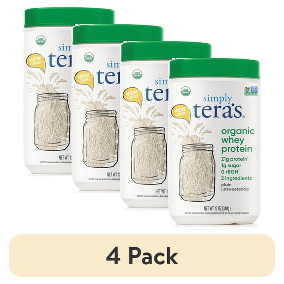 (4 pack) Simply Tera's Organic Whey Protein, Plain Unsweetened, 12 oz (340 g)
