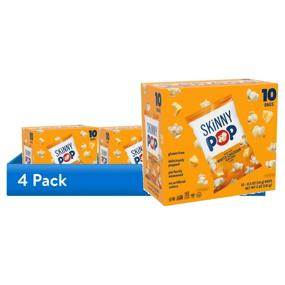 (4 pack) SkinnyPop Dairy Free White Cheddar Popcorn, 0.5 oz Snack-Size Bags, 10 Count