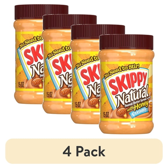 (4 pack) SKIPPY Natural Creamy Peanut Butter Spread with Honey, 6 g Protein Per Serving, Shelf-Stable, 15 oz Plastic Jar