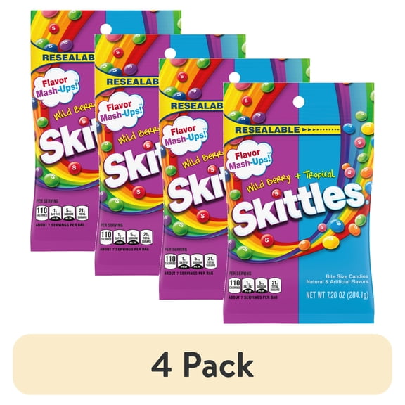 (4 pack) Skittles Flavor Mash-Ups Wild Berry and Tropical Candy - 7.2 oz Bag